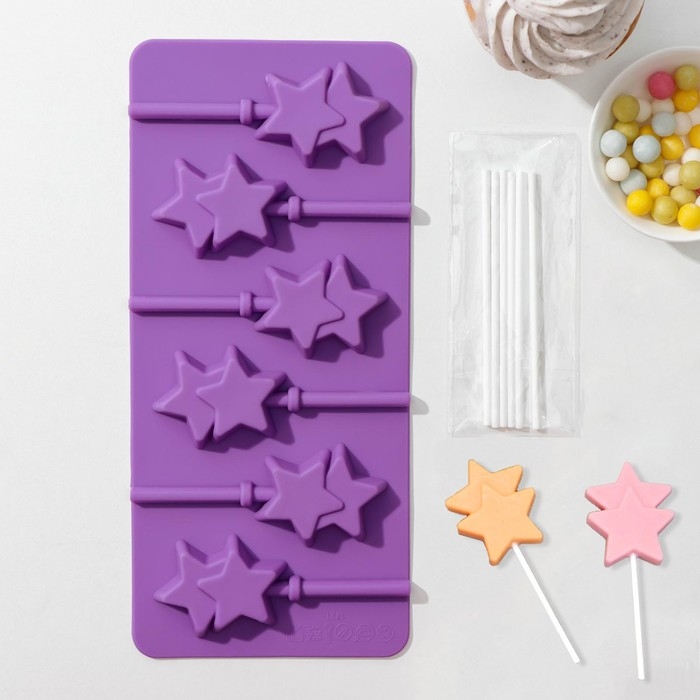 Форма для леденцов новогодний Доляна «Звёзды», силикон, 24×11×1 см, 6 ячеек (5,2×4 см), с палочками, цвет МИКС Форма для леденцов новогодний Доляна «Звёзды», силикон, 24×11×1 см, 6 ячеек (5,2×4 см), с палочками, цвет МИКС