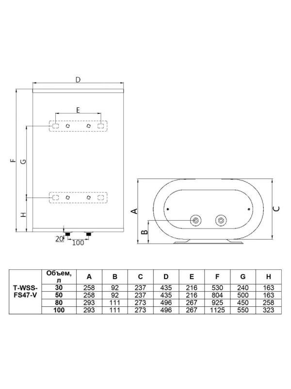 Водонагреватель накопительный, 50 литров, T-WSS50-FS47-V Водонагреватель накопительный, 50 литров, T-WSS50-FS47-V