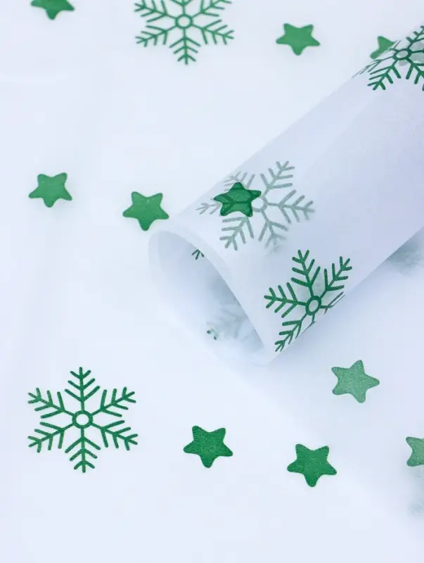 Бумага упаковочная тишью "Снежинки со звездами", зелёный, 50 х 66 см