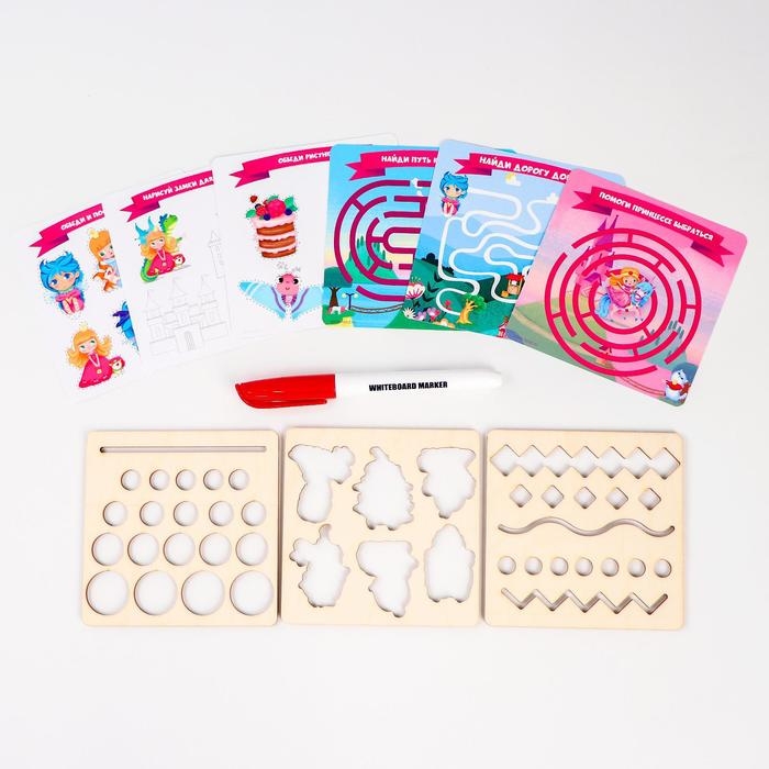 Трафареты деревянные для подготовки руки к письму. Многоразовые карточки «Пиши-стирай», мир принцессы