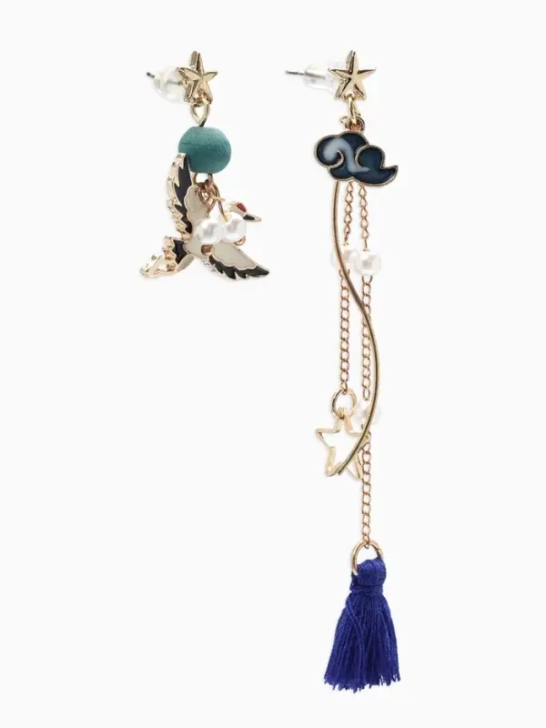 Серьги с жемчугом &laquo;Япония&raquo;, аист и звёзды, цветные в золоте