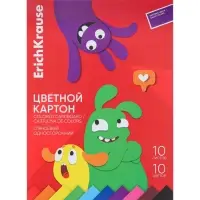Картон цветной ErichKrause. Jolly Friends, А4, 10 цветов, 10 листов, мелованный, односторонний, глянцевый, на склейке