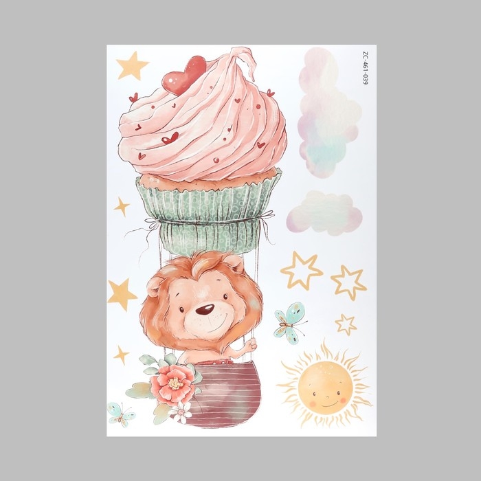 Наклейка пластик интерьерная цветная Наклейка пластик интерьерная цветная "Львёнок с капкейком в облаках" 40х60 см