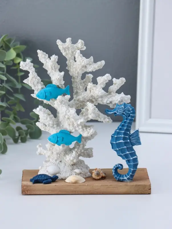 Сувенир полистоун "Рыбки и морской конёк у белых кораллов" 7,5х15,7х19,5 см