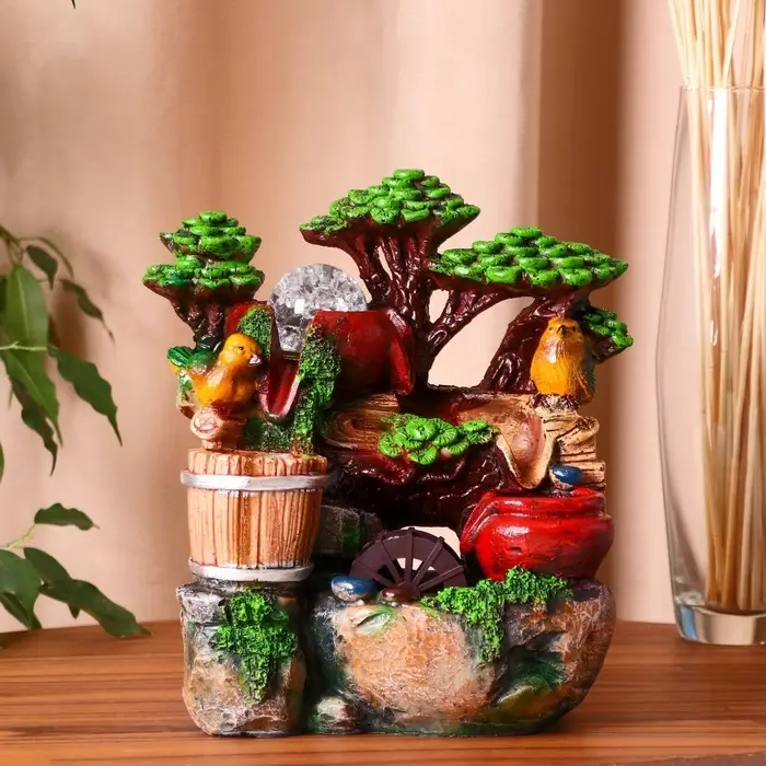 Фонтан настольный &laquo;Птички на брёвнышке у мельницы&raquo;, 12&times;16&times;27 см, с подсветкой
