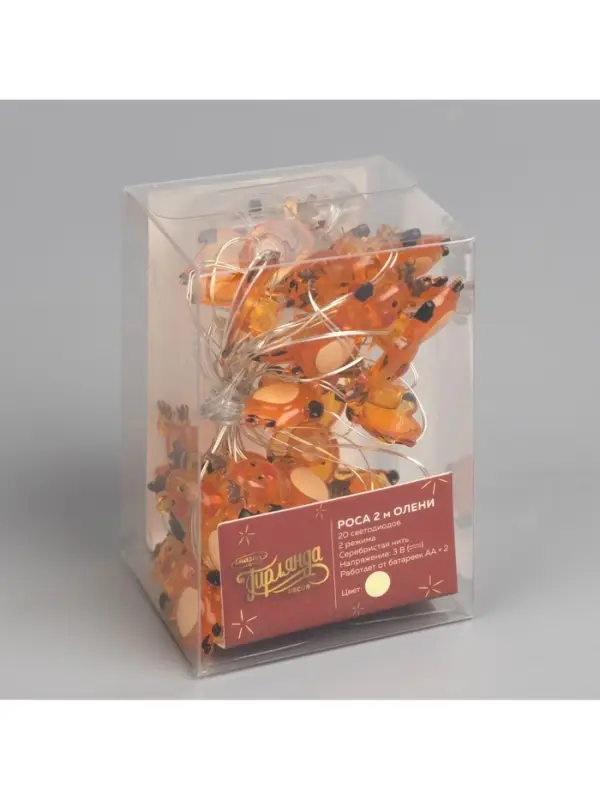 Гирлянда &laquo;Нить&raquo; 2 м, роса с насадками &laquo;Олень&raquo;, IP20, серебристая нить, 20 LED, 2 режима, от батареек АА&times;2, свечение тёплое белое