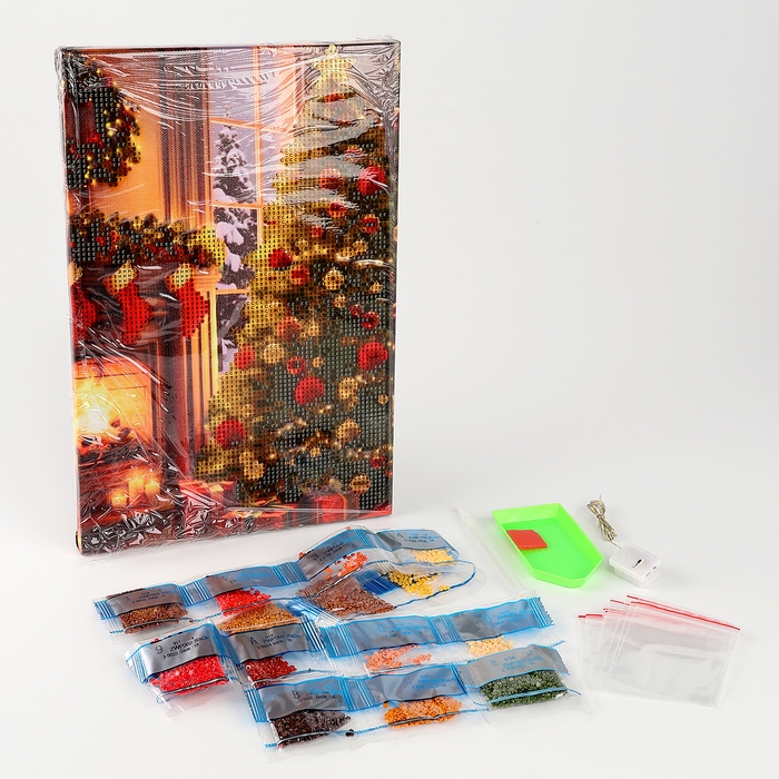 Алмазная мозаика на новый год с частичным заполнением на подрамнике «Елка у камина», 20 х 30 см, с гирляндой, новогодний набор для творчества