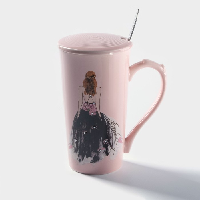 Кружка керамическая с крышкой и ложкой &laquo;Пышность бала&raquo;, 300 мл, цвет МИКС