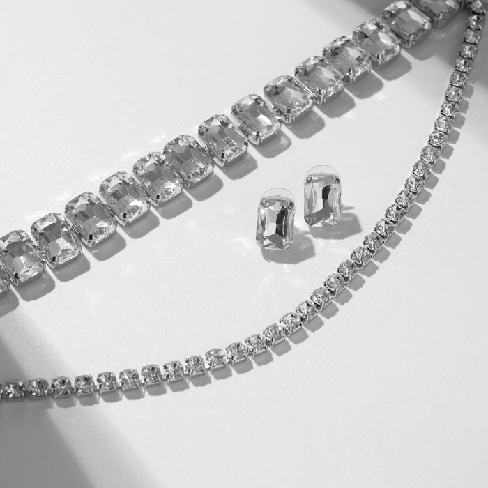 Набор 2 предмета; серьги, колье «Сияй» крупные стразы, цвет белый в серебре Набор 2 предмета; серьги, колье «Сияй» крупные стразы, цвет белый в серебре