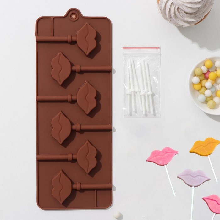 Форма для леденцов Доляна «Поцелуй», силикон, 24×9,4×1,5 см, 6 ячеек (4×2,4 см), с палочками, цвет коричневый Форма для леденцов Доляна «Поцелуй», силикон, 24×9,4×1,5 см, 6 ячеек (4×2,4 см), с палочками, цвет коричневый