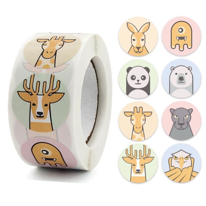 Наклейка бумага Наклейка бумага "Звери в пастельных цветах" d=2,5 см 500 шт в рулоне 3х6х6 см