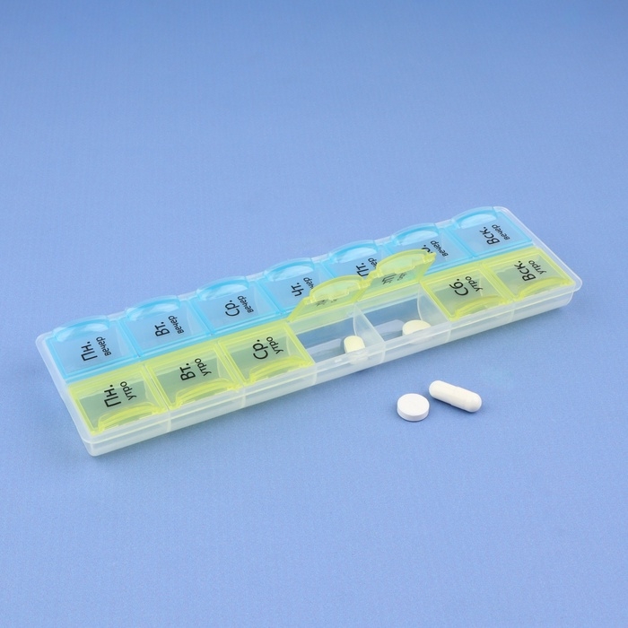 Таблетница - органайзер «Неделька», русские буквы, утро/вечер, 21,5 × 6,5 × 2 см, 14 секций, цвет жёлтый/голубой Таблетница - органайзер «Неделька», русские буквы, утро/вечер, 21,5 × 6,5 × 2 см, 14 секций, цвет жёлтый/голубой