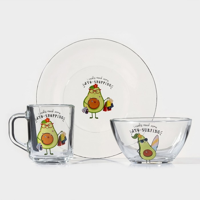 Набор для завтрака «Авокадо», 3 предмета: кружка 200 мл, салатник 450 мл, тарелка, рисунок микс Набор для завтрака «Авокадо», 3 предмета: кружка 200 мл, салатник 450 мл, тарелка, рисунок микс