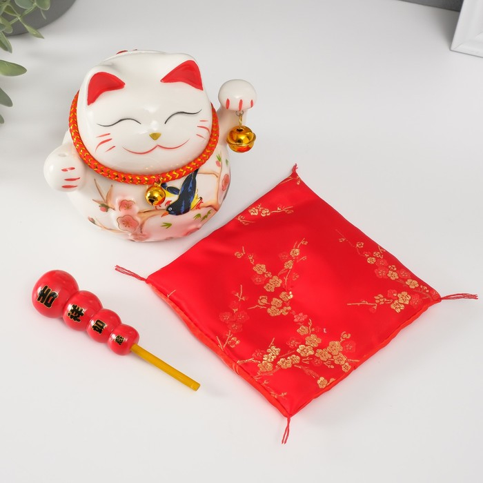 Копилка керамика Копилка керамика "Кот манэки-нэко на коврике с колокольчиками" 12,5х13х10,5 см