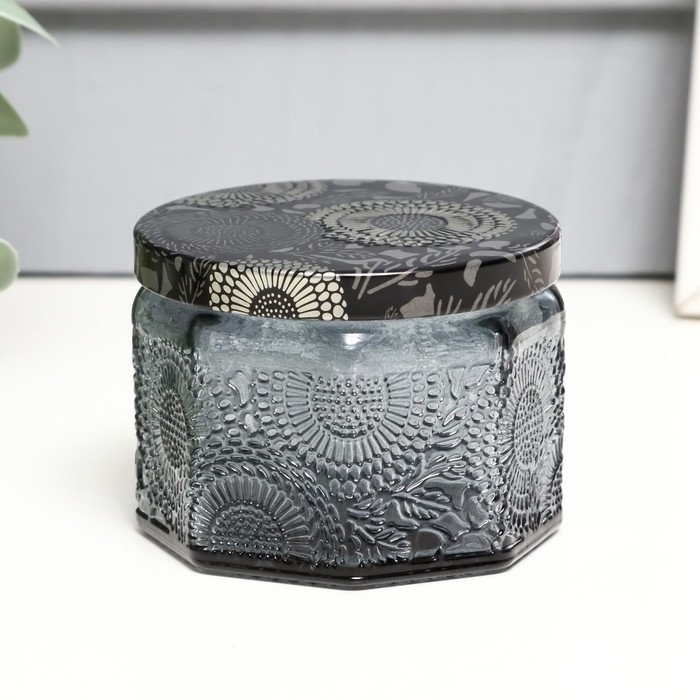 Банка для свечей стекло с крышкой Банка для свечей стекло с крышкой "Цветочная" серая, многогранник 5х7х7 см, МИКС