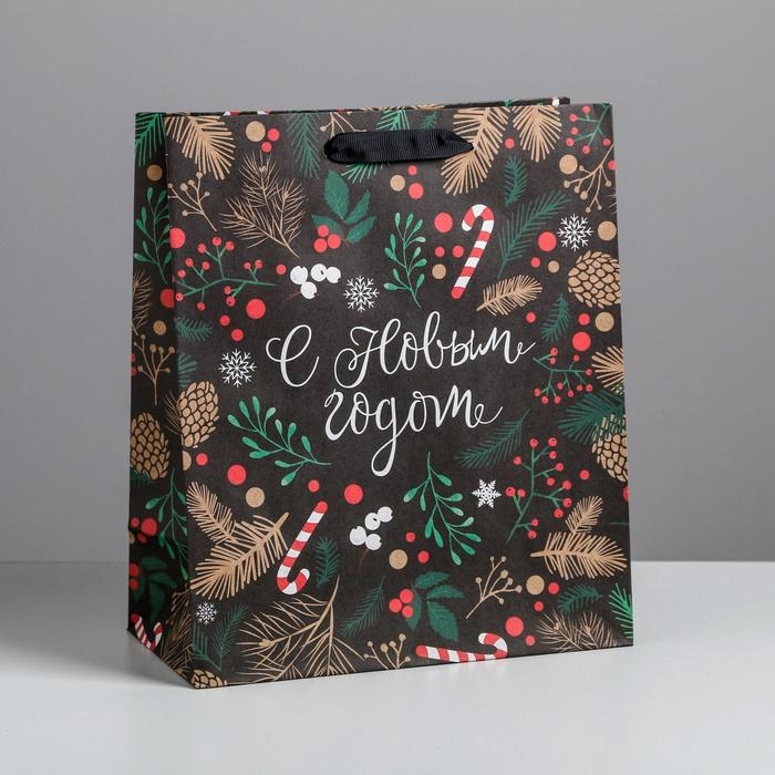 Пакет подарочный новогодний крафтовый вертикальный «Еловый лес», ML 23 х 27 х 11.5 см, Новый год Пакет подарочный новогодний крафтовый вертикальный «Еловый лес», ML 23 х 27 х 11.5 см, Новый год