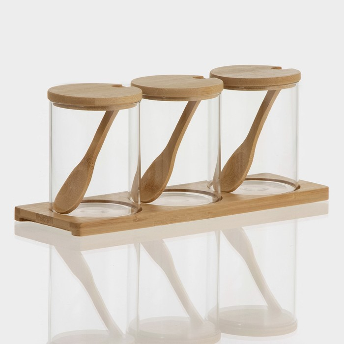 Банки стеклянные для хранения сыпучих продуктов «Эко», 450 мл, 3 шт, с бамбуковой крышкой Банки стеклянные для хранения сыпучих продуктов «Эко», 450 мл, 3 шт, с бамбуковой крышкой