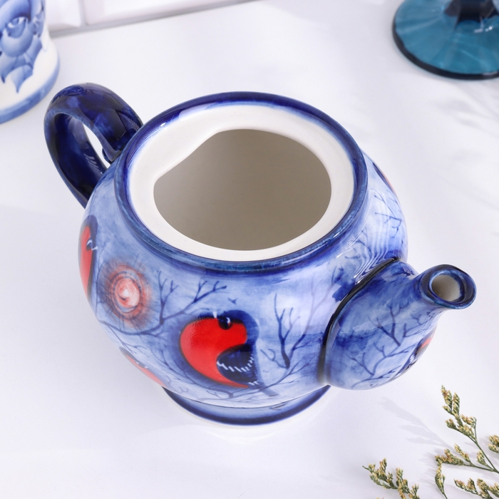 Чайник Чайник "Уют", снегири, маленький, 14 х 14 см, гжель