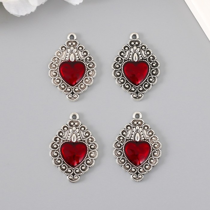 Декор для творчества металл Декор для творчества металл "Красное сердце ажур" серебро эмаль 3,5х2,4 см