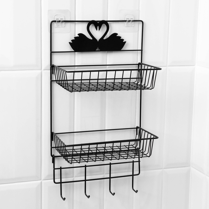 Полка для ванной Доляна, двухъярусная, 4 крючка, 47×25×14 см, чёрная Полка для ванной Доляна, двухъярусная, 4 крючка, 47×25×14 см, чёрная