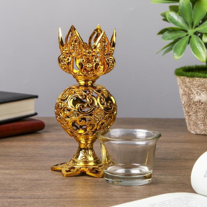 Подсвечник пластик, стекло на 1 свечу  Подсвечник пластик, стекло на 1 свечу "Ажурный шар" бокал на ножке золото 15х6х6 см