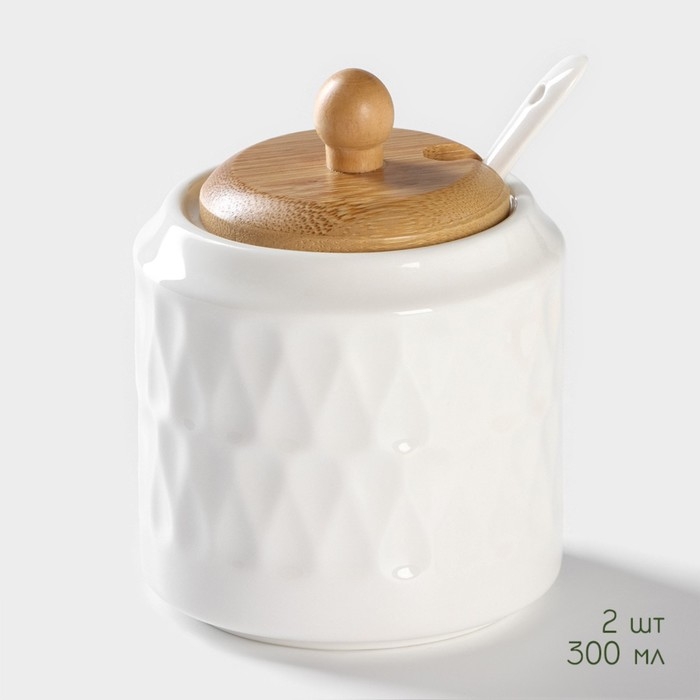 Набор банок фарфоровых для сыпучих продуктов с ложками на бамбуковой подставке BellaTenero &laquo;Герда&raquo;, 2 предмета: 300 мл, цвет белый