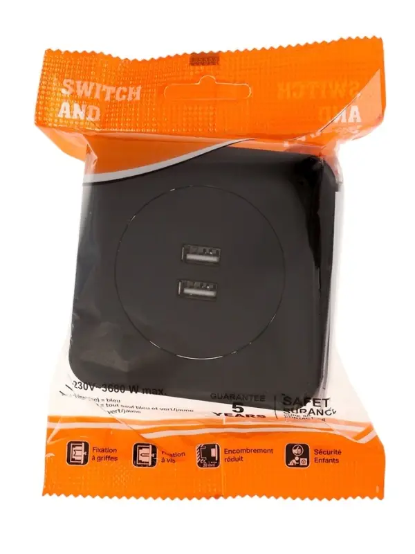 Розетка с 2 USB-A разъёмами, 2.1 А, 5 В, серия Circular, скрытый монтаж, чёрная