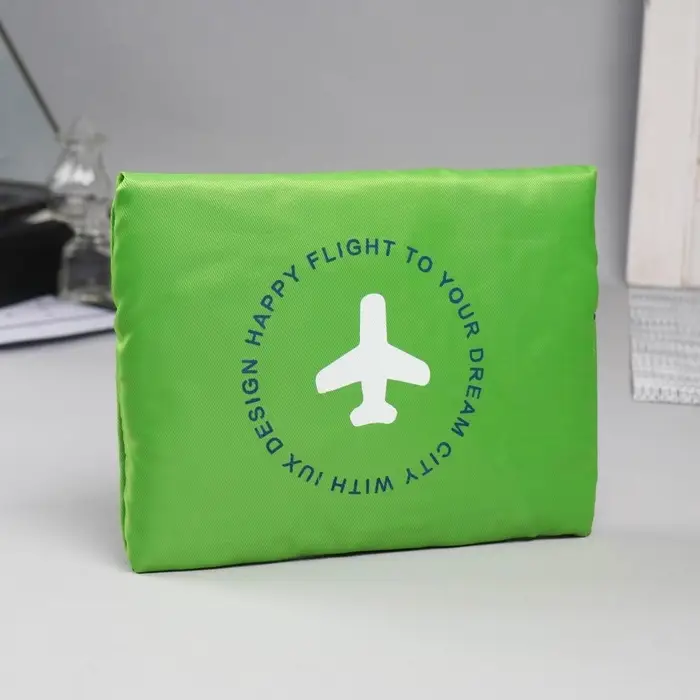 Сумка дорожная на молнии, складная в косметичку, наружный карман, держатель для чемодана, серая, зелёная