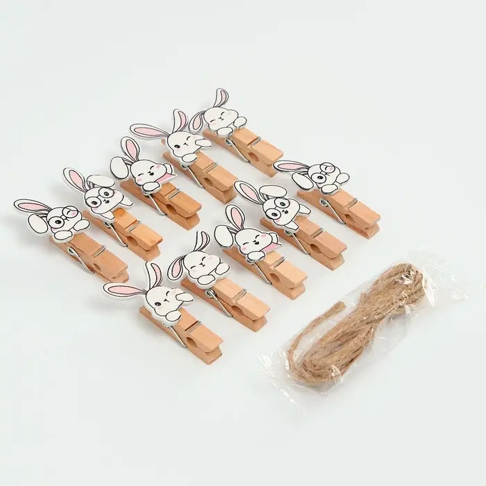 Прищепки декоративные с верёвкой для подвеса &laquo;Зайчики&raquo; набор 10 шт. &mdash; 1.5&times;12&times;14 см