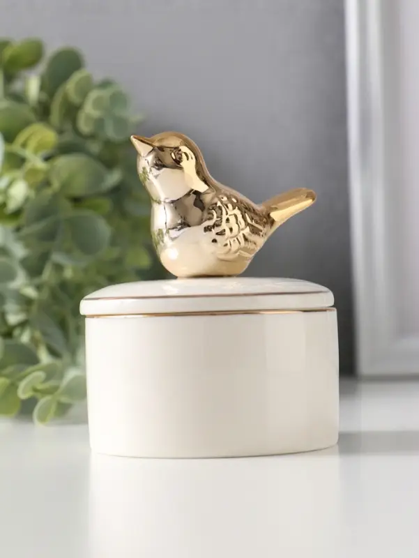 Шкатулка керамика с золотой линией "Птичка" 7х7х9 см