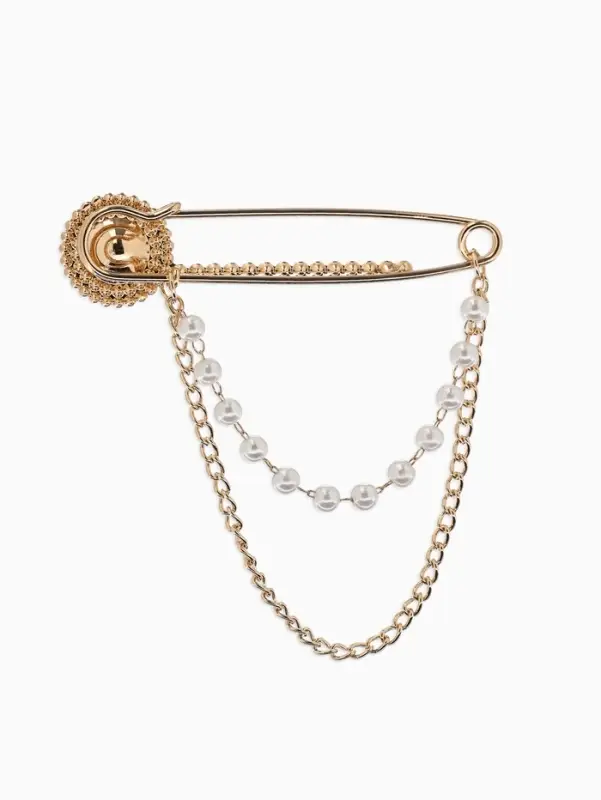 Булавка &laquo;Императрица. Цепочка и жемчуг&raquo;, в стразах, L=7.5 см, белая в золоте