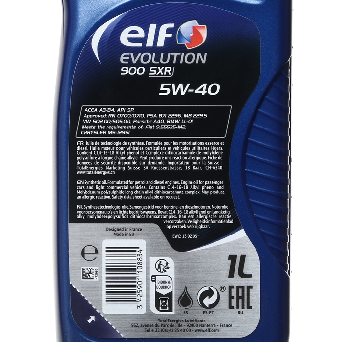 Масло моторное Elf EVOLUTION 900 SXR 5W40 A3/B4, SN/CF, синтетическое, 1 л Масло моторное Elf EVOLUTION 900 SXR 5W40 A3/B4, SN/CF, синтетическое, 1 л