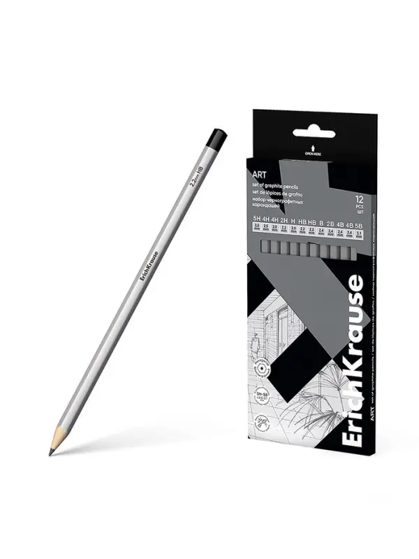 Набор карандашей чернографитных ErichKrause, 12 штук, разной твёрдости, шестигранные, деревянные, серебристый корпус