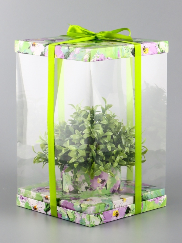 Коробка PVC, для цветов с лентой, 28 х 18 х 18 см, зеленый Коробка PVC, для цветов с лентой, 28 х 18 х 18 см, зеленый