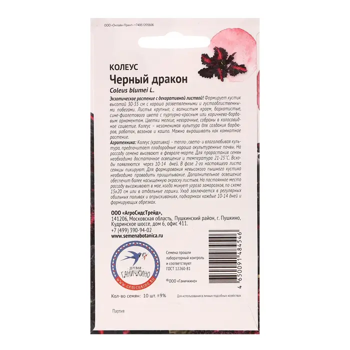 Семена цветов Колеус  Семена цветов Колеус "Черный дракон", 10 шт