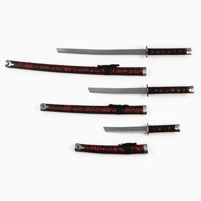 Макет оружия &laquo;Сувенирные катаны на подставке 3в1. Драконы красные на чёрном&raquo;, ножны ткань, 47 см; 70 см; 89 см