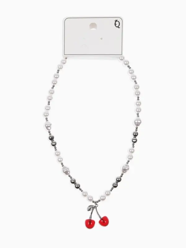 Кулон на жемчужных бусах "Вишня", цвет белый в серебре