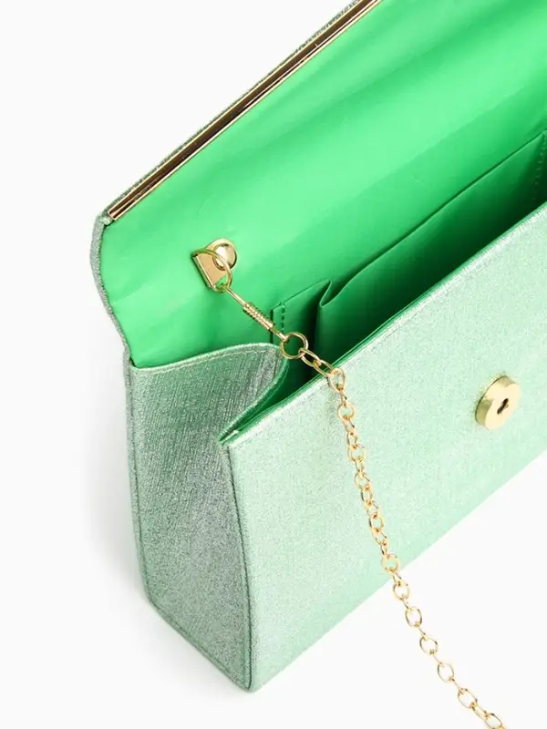 Сумка-клатч женская вечерняя на магните, на золотистой цепочке, мерцающая, светло-зелёная