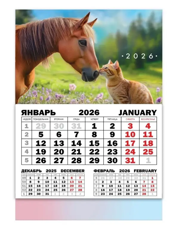 Календарь квартальный моно Календарь квартальный моно "Лошадь с котенком" 30 х 46 см