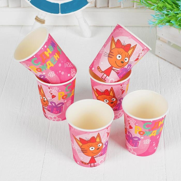 Стакан бумажный «Три кота», в наборе 6 шт., 180 мл, цвет розовый
