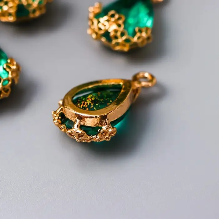 Декор для творчества пластик  Декор для творчества пластик "Капля с золотыми цветочками" морская волна кристалл 2х1,2 см