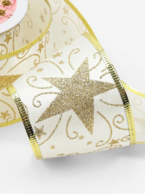 Лента атласная с металлической нитью &laquo;Узоры со звездой&raquo;, 60 мм, 9&plusmn;0.5 м, цвет белый, золотой