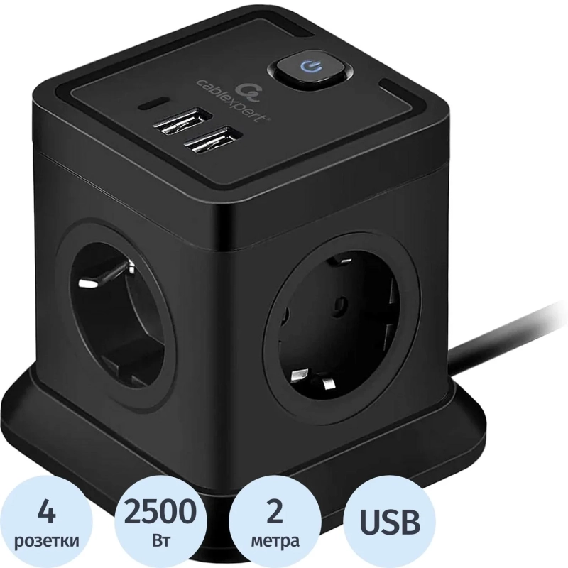 Сетевой фильтр Cablexpert Tower 4р/2м, 10А, 2хUSB, черный(TWR-4-CU2-B-2)