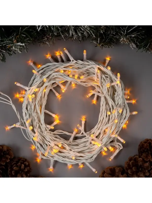 Гирлянда &laquo;Нить&raquo; 10 м, IP44, белая нить, 100 LED, свечение жёлтое, 8 режимов, 220 В