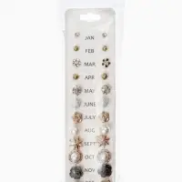 Серьги пусеты 12 пар One year, романтика, бело-серые в золоте