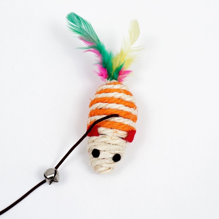 Дразнилка с  мышкой (7 см) на деревянной палочке, 40 см, оранжевая/белая Дразнилка с  мышкой (7 см) на деревянной палочке, 40 см, оранжевая/белая