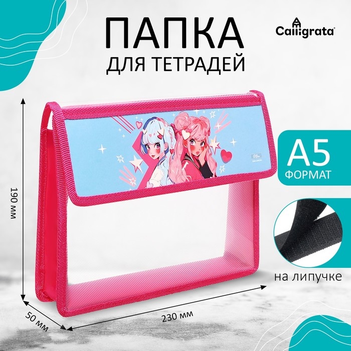 Папка для тетрадей А5 (230 х 190 х 50 мм), с клапаном на липучке, пластик/текстиль, Calligrata,  Папка для тетрадей А5 (230 х 190 х 50 мм), с клапаном на липучке, пластик/текстиль, Calligrata, "Аниме подружки"