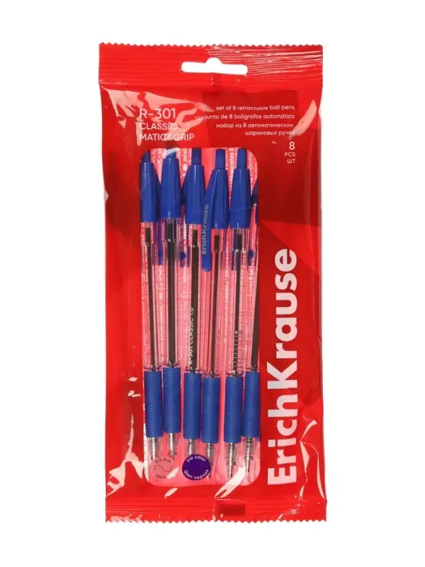 Набор ручек шариковых автоматических ErichKrause R=301 Matic Grip, 8 штук, узел 1 мм, синий