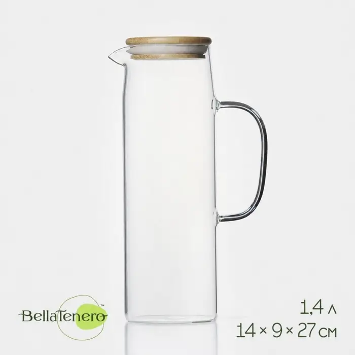 Кувшин BellaTenero &laquo;Эко&raquo;, 1.4 л, 14&times;9&times;27 см, с бамбуковой крышкой, стекло, прозрачный