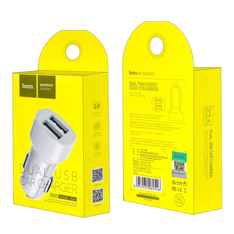 Переходник Z2A АЗУ на 2 USB 2.4A HOCO белый Переходник Z2A АЗУ на 2 USB 2.4A HOCO белый